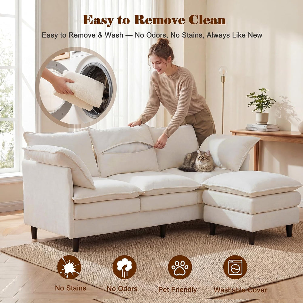 69" Couch Sofa L-Shape 3 Seat with Ottoman, Small Cloud Sofa Double-Laye...