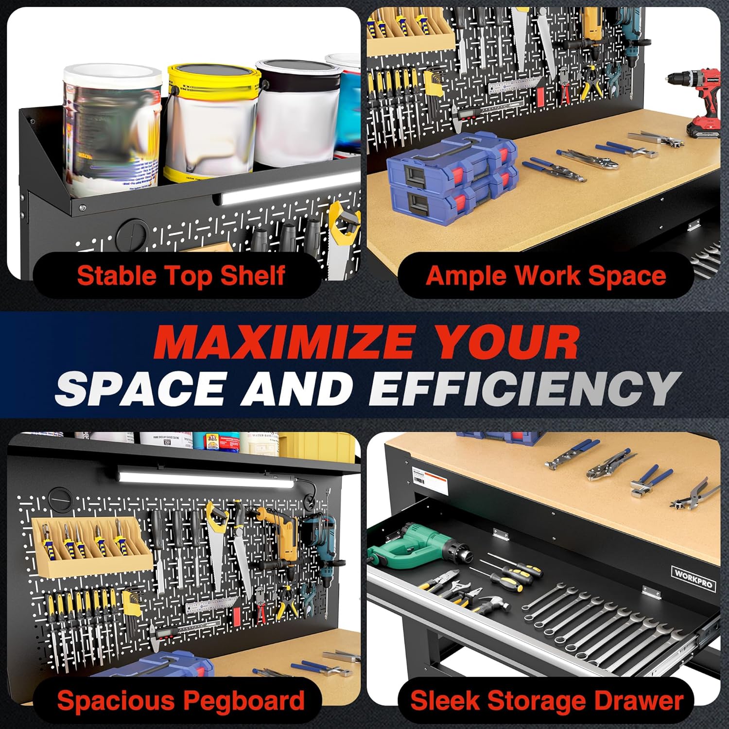 WORKPRO 45" Garage Workbench with Storage, Heavy-Duty Workbench with Pegboard, Power Outlets and Light, 800 LBS Work Bench for Garage, Warehouse, Workshop