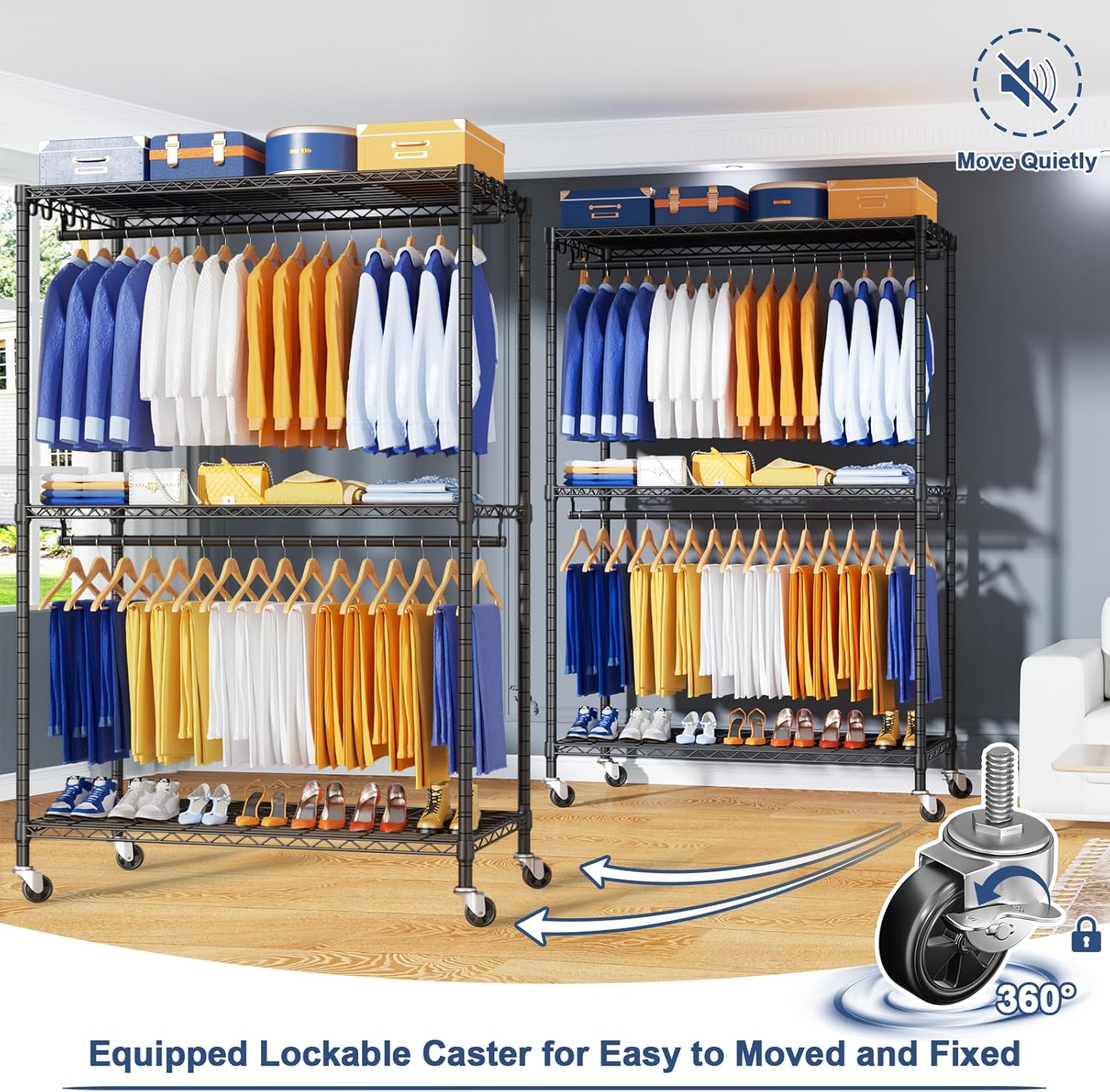 P8 Heavy Duty Clothes Rack（With Extended Width Design） Rolling Clothing Racks for Hanging Clothes，Portable Garment Rack with Lockable Wheels，51.2" W x 15.8" D x 80.5" H，Max Load 700LBS，Black