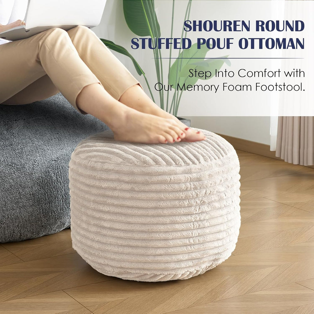 Stuffed Round Ottoman,Corduroy Pouf Ottoman Foot Rest,20 X 15 in,Beige | Memo...