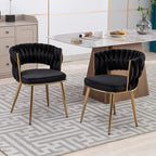 KCC Velvet Dining Chairs Set of 2, Gold Modern Dining Chair with Metal Legs, Woven Upholstered Dining Chairs for Dining Room, Kitchen, Vanity, Living Room (Black)