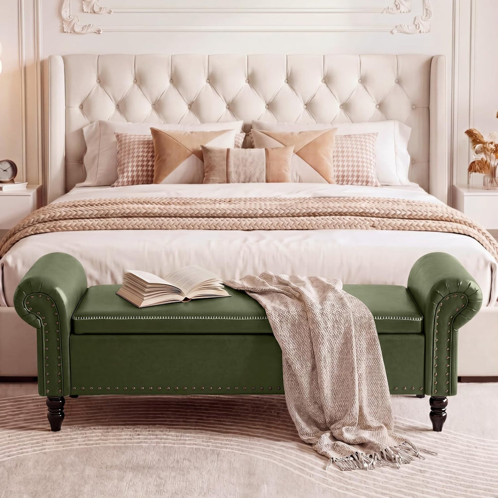 FiveWillowise 64” Storage Benches, End of Bed Bench with Storage,Dark Green | Large Upholstered Storage Ottoman with Tufted, Faux Leather Window Bench with Nailhead Trim for Bedroom, Entryway, Closet