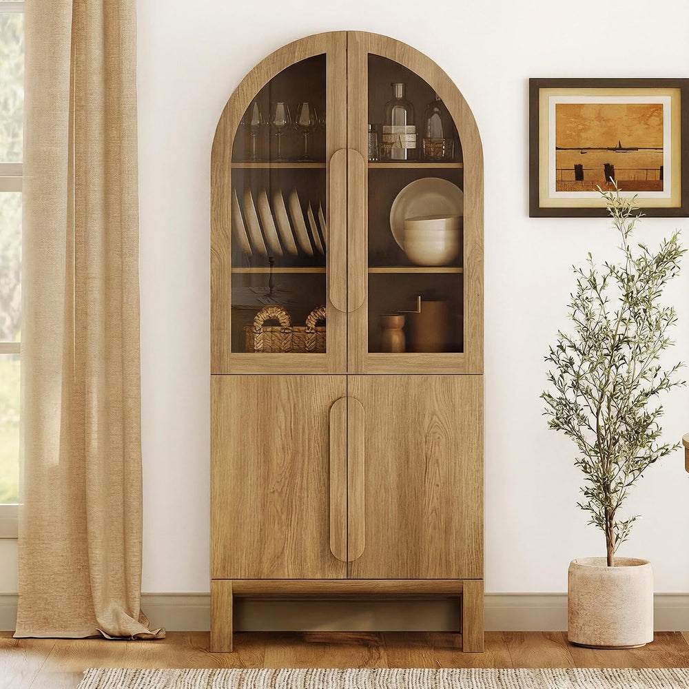 WAMPAT 71" Tall Arched Kitchen Pantry Cabinet with Glass Door, Modern Fa...