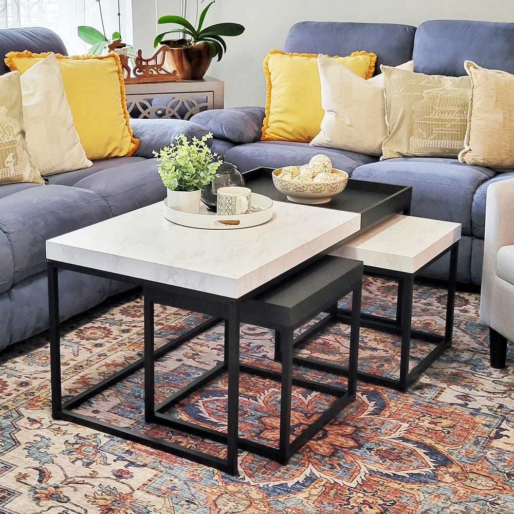 MAISON ARTS Nesting Coffee Table Set of 3, Marble White and Black | Rectangle...