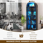 Arch Display Cabinet with Doors and Adjustable Shelves, 76" Tall Curio Cabinet with LED Lights/Storage Space, 6 Tier Display Case Bookcase for Collectibles Bedroom Living Room Office, Black