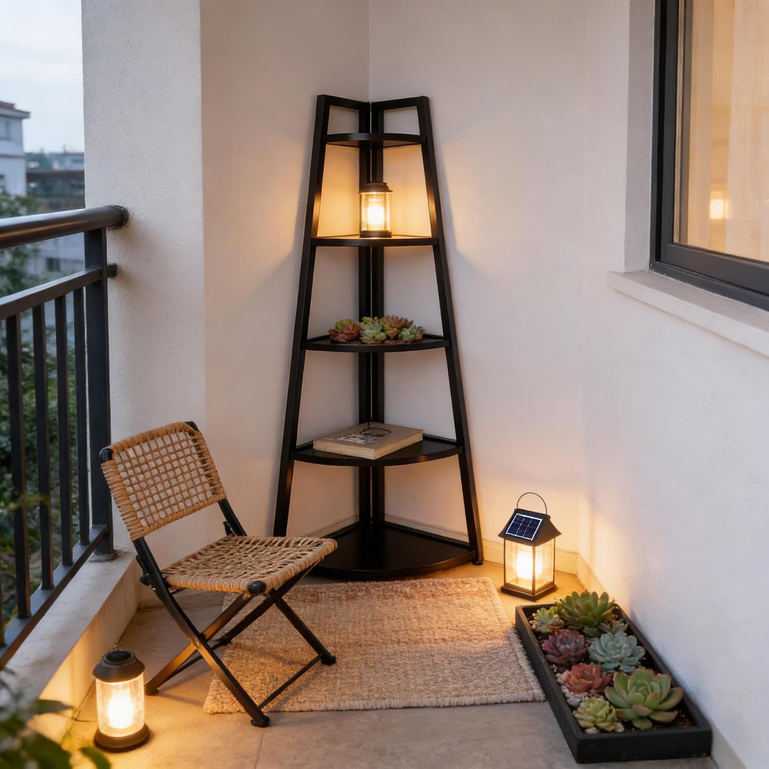 BIGTO Tall Ladder Display Shelf 16.55"*15"*69.3", Black Metal Corner 5-Tier Bookshelf Home Furniture