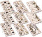 Frebeauty Jewelry Organizer Tray,Stackable Velvet Jewelry Trays,Drawer Inserts Earring Organizer For Women Jewelry Storage Display Case for Rings Stud Necklaces,Set of 9(Beige)