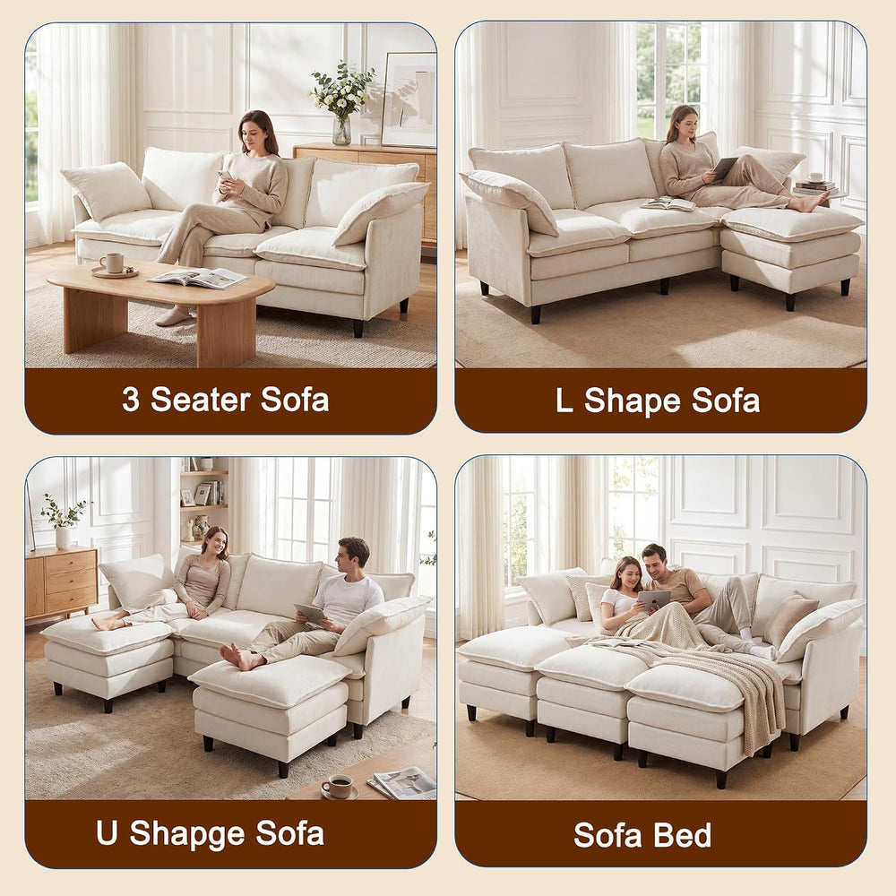 69" Couch Sofa L-Shape 3 Seat with Ottoman, Small Cloud Sofa Double-Laye...