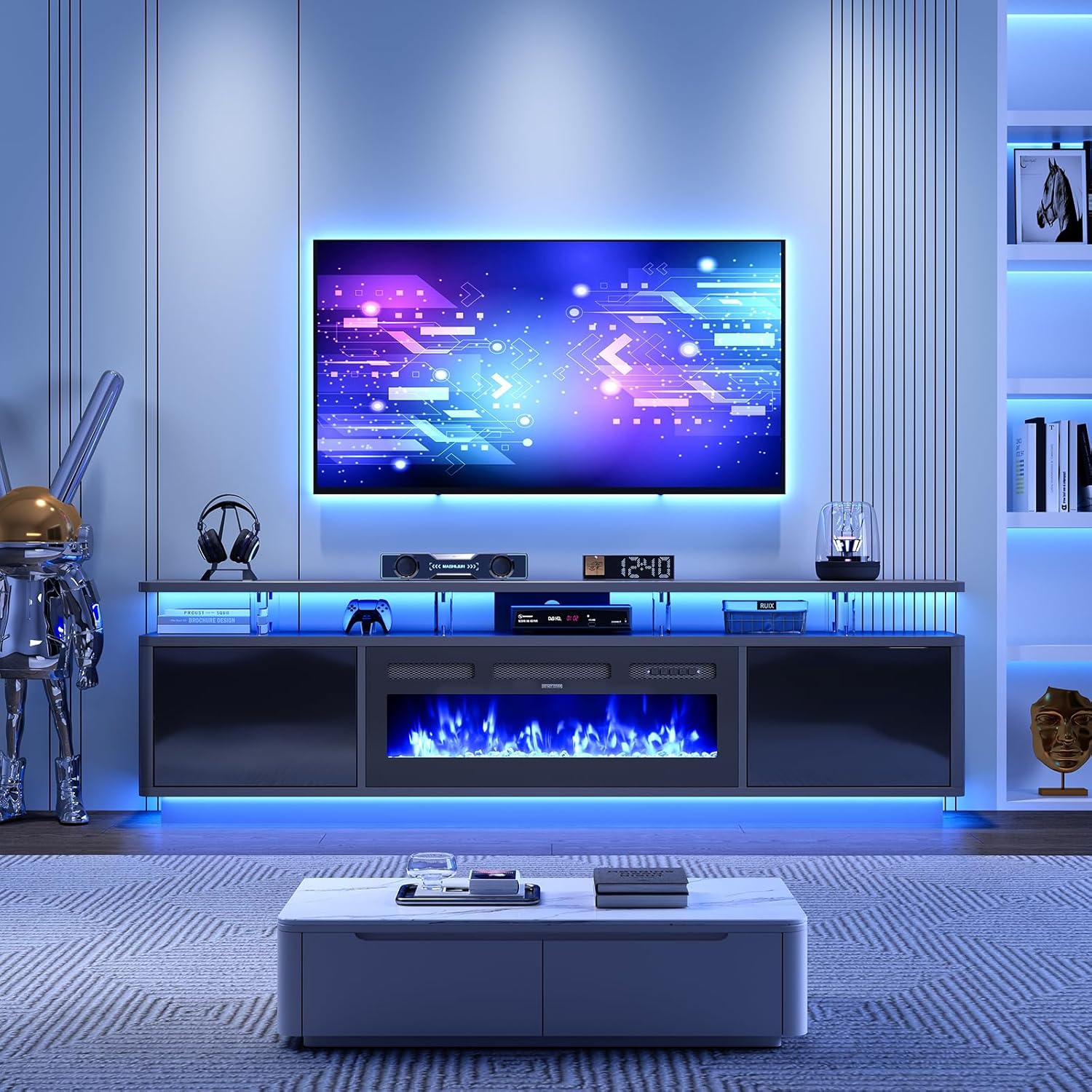 MXV 80" Fireplace TV Stand for Living Room, 36" Electric Fireplace with Adjustable Flames & Double LED Lights, Remote Control, Storage Cabinet with High Gloss Board, Fits TVs Up to 90", Black & Black