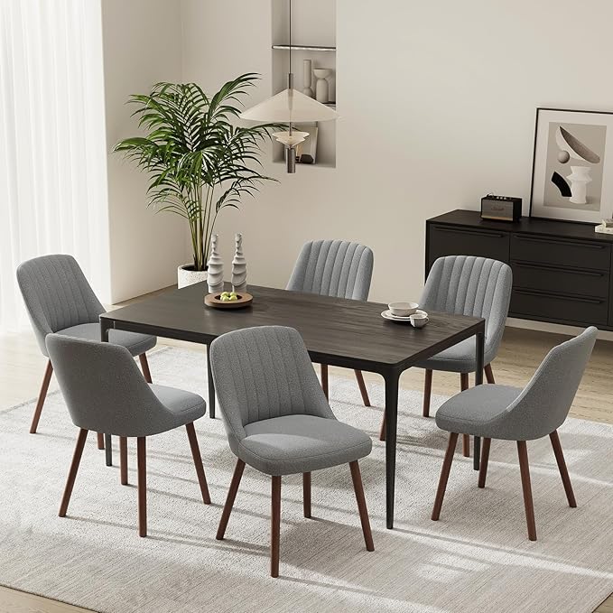 Upholstered Dining Chairs Set of 6, Modern Fabric Kitchen Chairs with Back, Wood Legs for Kitchen Dining Room Restaurant, Grey