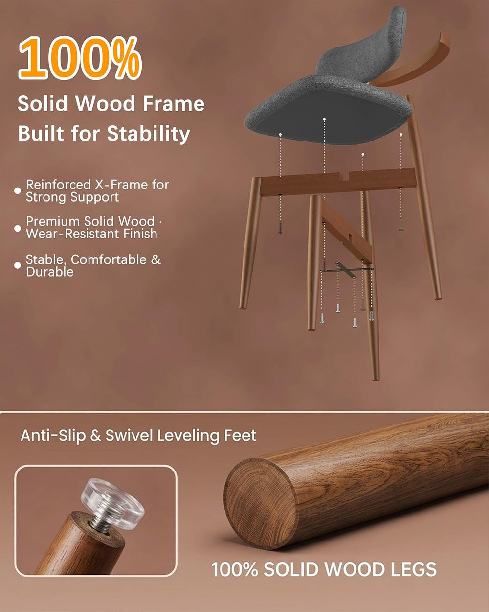 Solid Wood Dining Chairs Set of 4, Mid‑Century Modern Square Seat Cushion Cha...