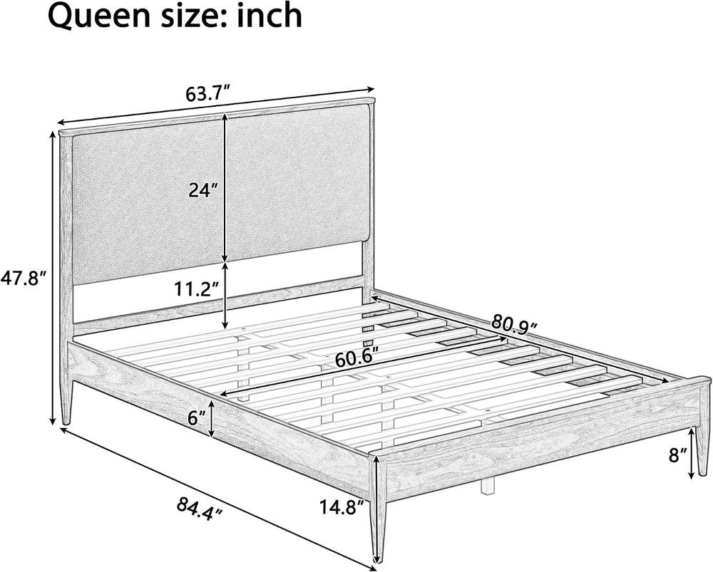 SOFTSEA Solid Wood Queen Bed Frame with Upholstered Headboard, Mid Century Mo...