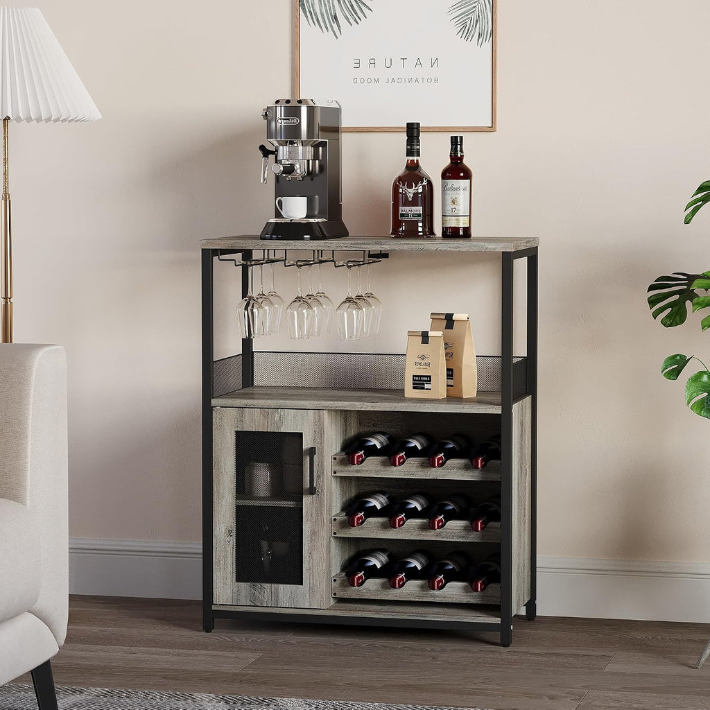 Bar Cabinet, Industrial Wine Cabinet with Removabl Glass Rack, Liquor Storage Cabinet with Adjustable Wine Rack, Home Bar with Mesh Doors and Baffle, Grey Without Light