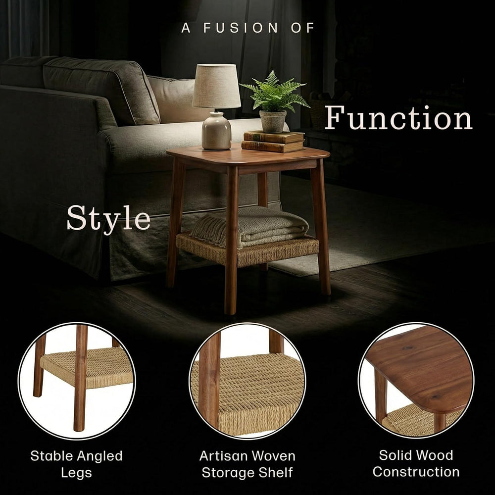 Alaterre Furniture Calais 2-Tier Solid Wood End Table with Woven Storage Shel...