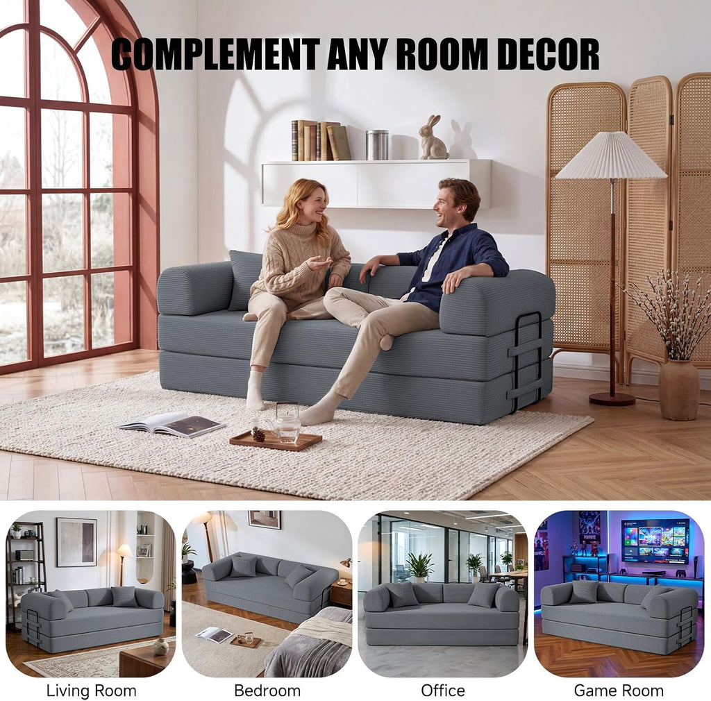 79" Boneless Couch for Living Room,Convertible Futon Sleeper Sofa Bed | 6-In-1 Boneless Couch,Corduroy Sleeper Sofa Bed with Pillows,Modular Floor Loveseat Pull Out Couch, No Assembly, Dark Gray