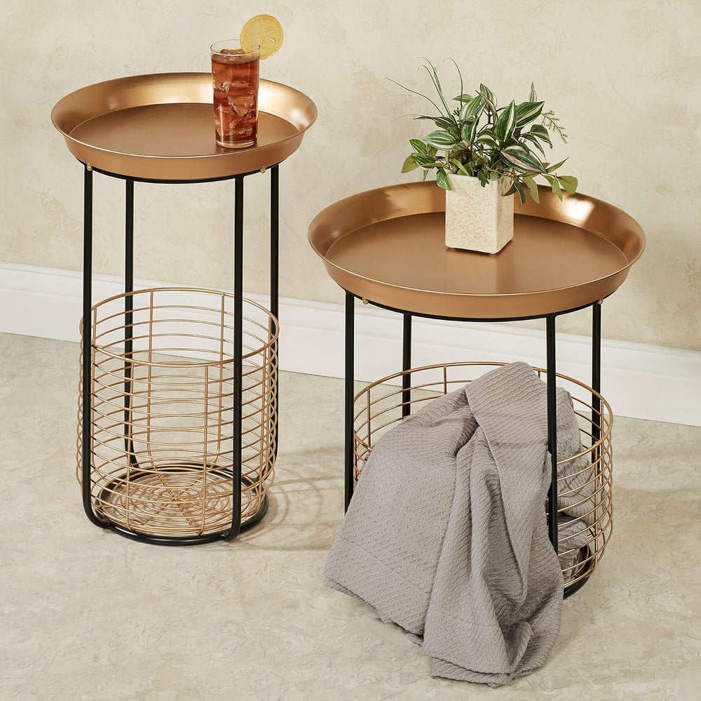 Macayle Round Metal Accent Tables with Wire Storage Baskets Set of Two