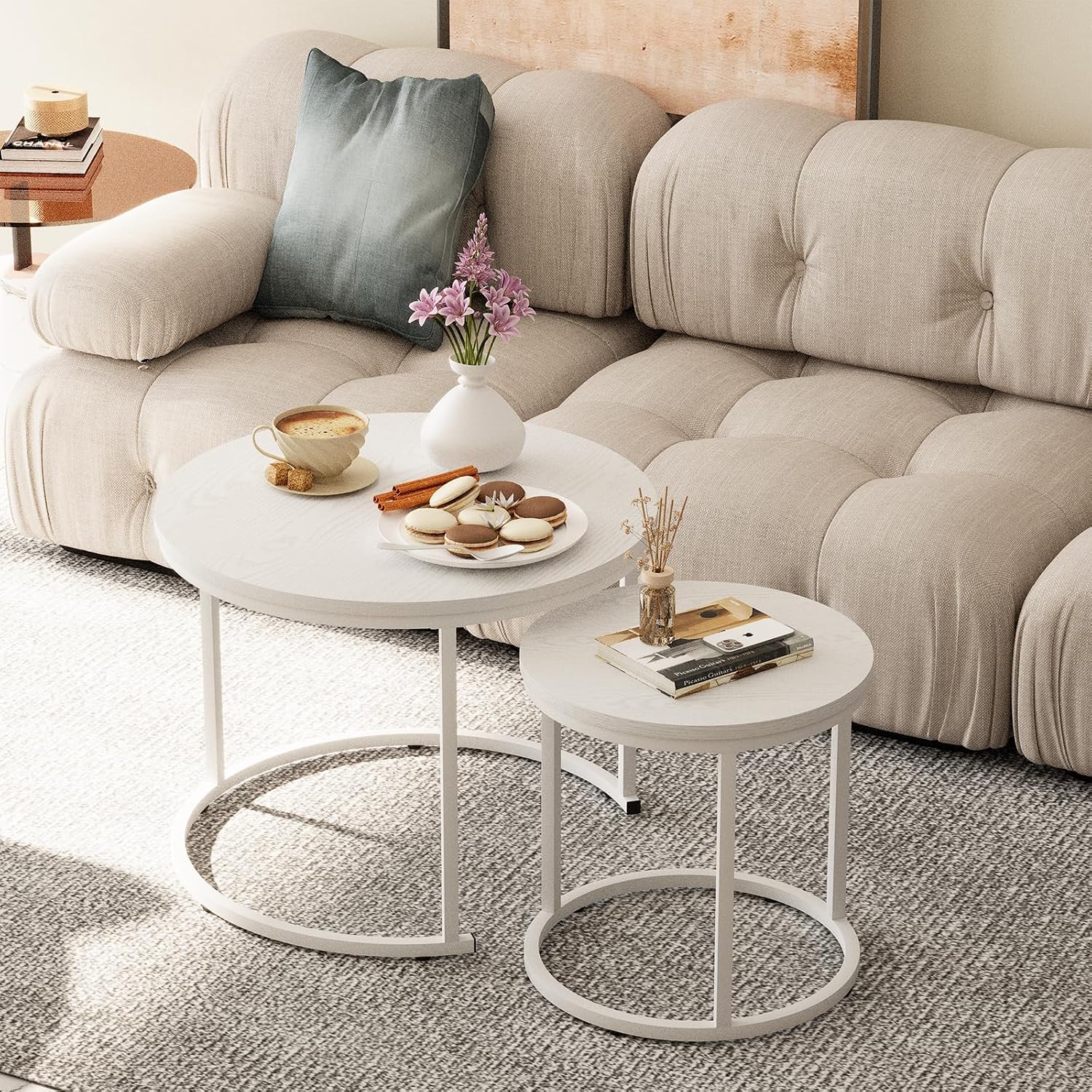 Garden 4 you Nesting Coffee Table, 23.6" Round Coffee Table Set of 2, Wooden Nesting Table Set with Metal Frame, Side Tables for Living Room Bedroom Balcony, White