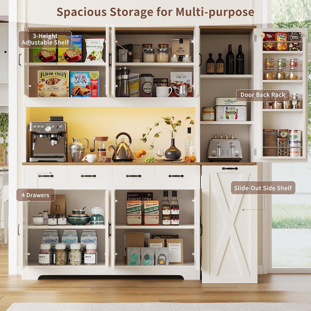 70.9" Tall Farmhouse Pantry Cabinet with Pull-Out Storage Cart & LED...