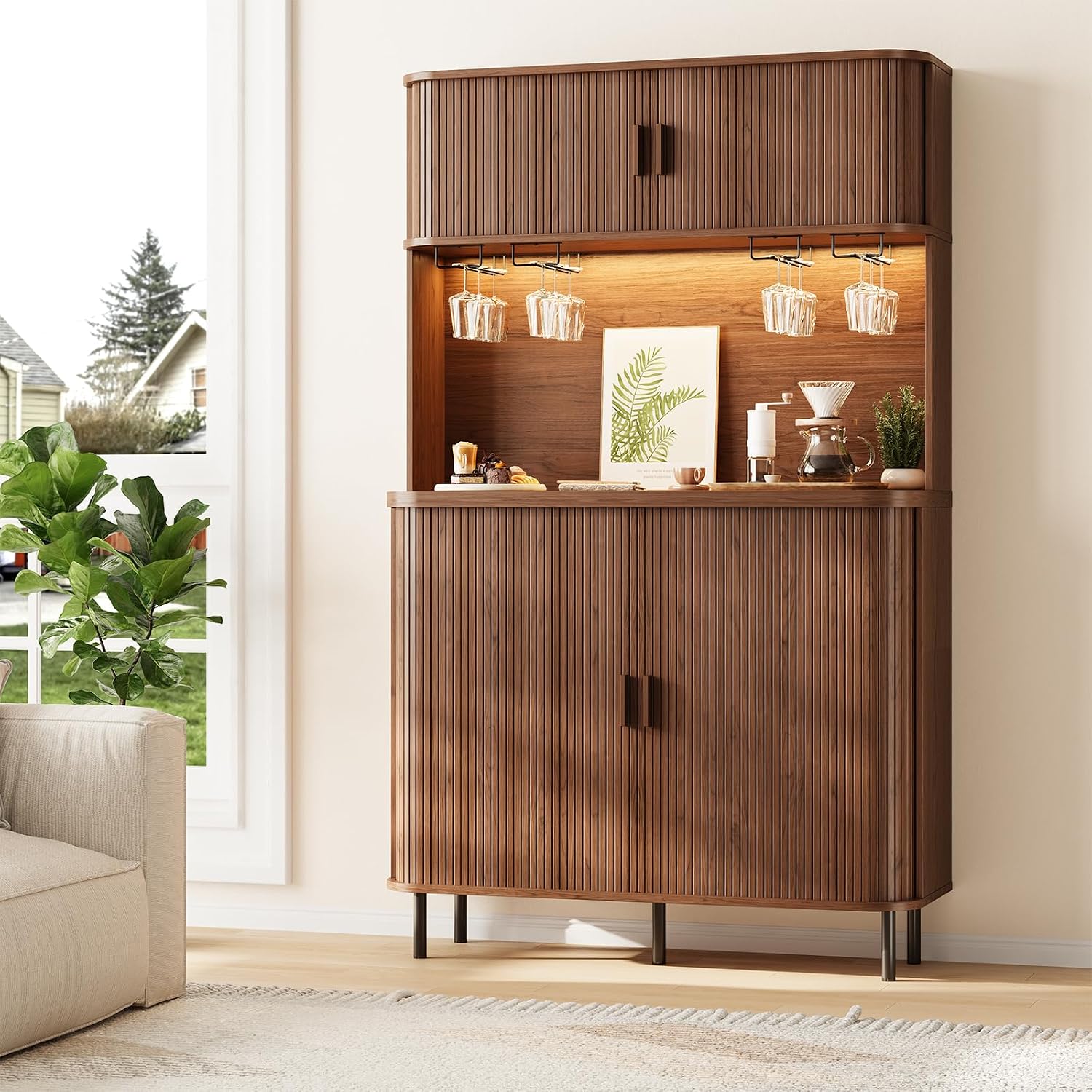 ONBRILL 71" Tall Wine Bar Cabinet with Storage (Walnut) | Fluted Liquor Cabinet, Modern Coffee Bar Cabinet, Large Home Bar, with LED Lights, Power Outlet, for Living Room, Kitchen