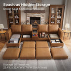 SITJOY 132" Faux Leather Modular Sectional Sofa with Storage, Mid Century Modern Sectional Couches for Living Room, 6 Seat U Shaped Couch with Ottoman and Console Table, Hidden Cupholders, Brown