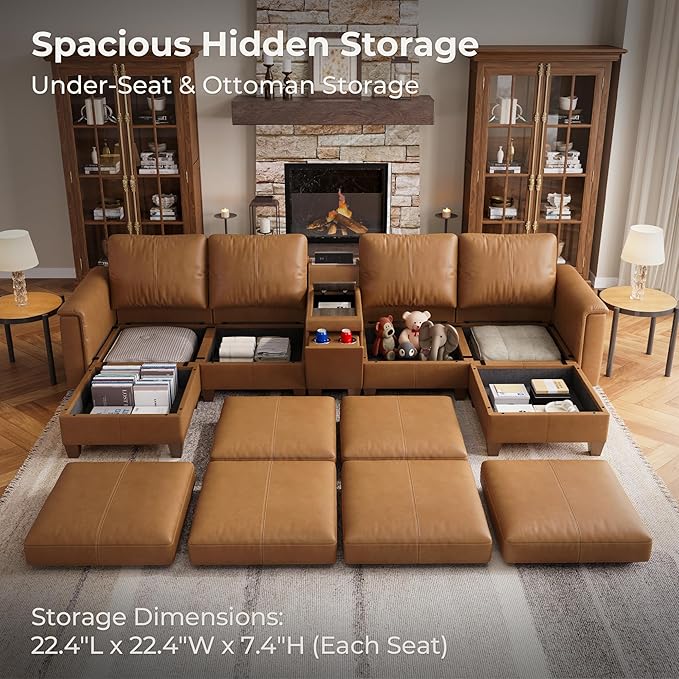 SITJOY 132" Faux Leather Modular Sectional Sofa with Storage, Mid Century Modern Sectional Couches for Living Room, 6 Seat U Shaped Couch with Chaise and Console Table, Hidden Cupholders, Brown