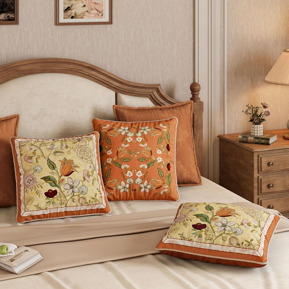 Vintage Burnt Orange Floral Pillow Cover 18x18, Terracotta Bell