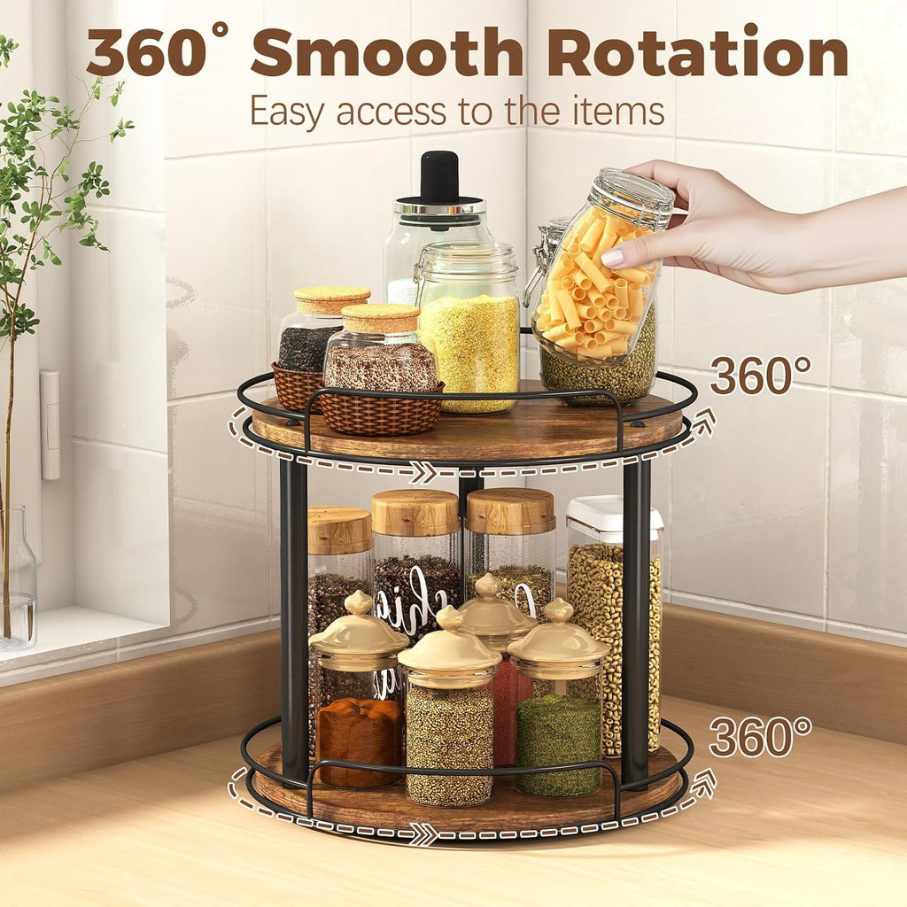 LAMU 10'' Wood Lazy Susan Turntable Organizer for Cabinet, 2 Tier Lazy Susan Spice Rack Organizer for Kitchen, Table Top, Countertop, Pantry, Medicine Organizer