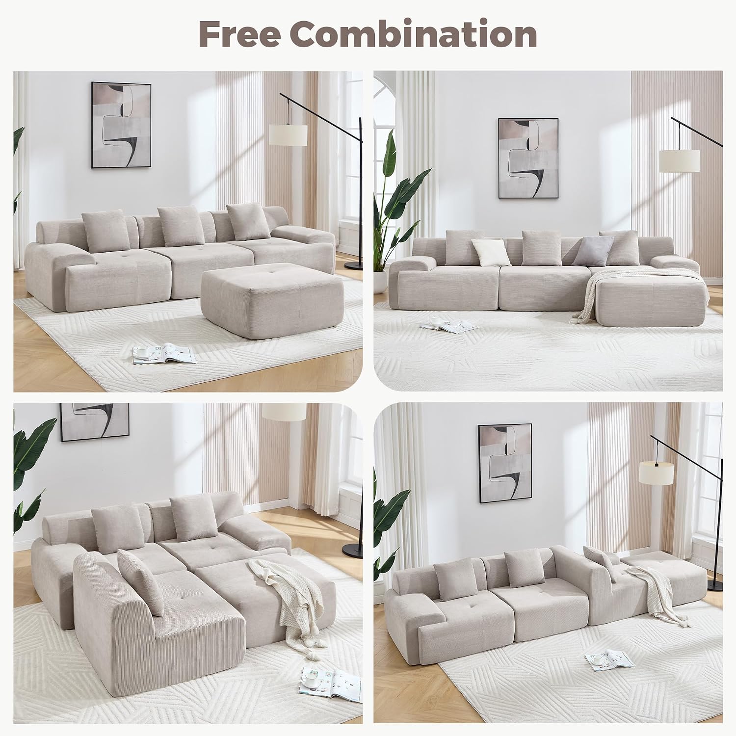 122" Modern L-Shaped Modular Sectional Sofa, Corduroy Upholstery Couches for Living Room, Oversized 3-Seater Boneless Cloud Couch with Deep Seat and Movable Ottoman, No Assembly, Camel/Beige