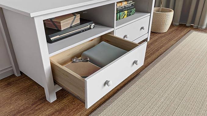 Handcrafted Solid Oak TV Stand Entertainment Center - Elegant White Media Console with Spacious Storage Drawers & Open Shelves - Sturdy Wood Cabinet Fits TVs up to 55 Inches