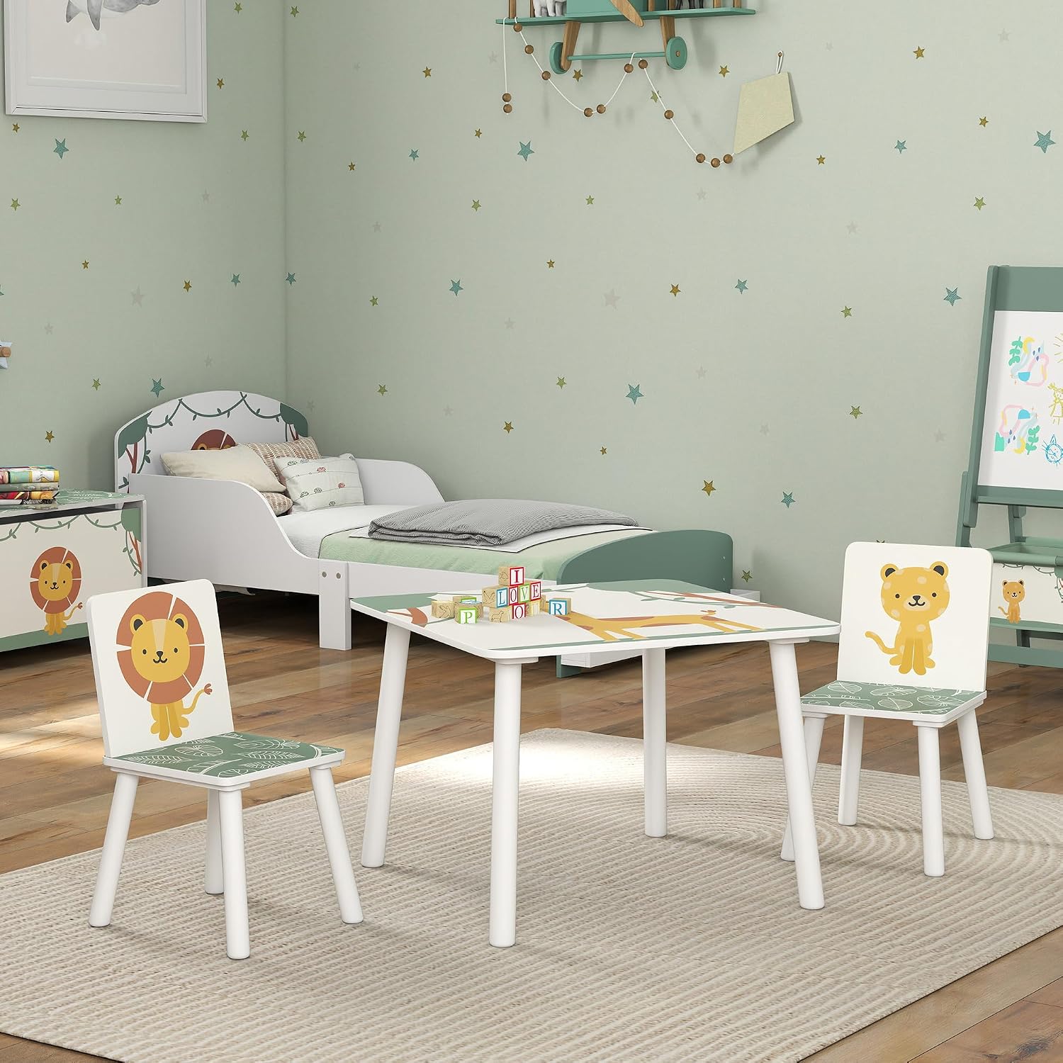 Qaba 3-Piece Toddler Table and Chair Set Animal Pattern Aged 3-8 Green | Kids Table and Chairs Set Furniture, Boys and Girls, Bedroom, Nursery, Playroom