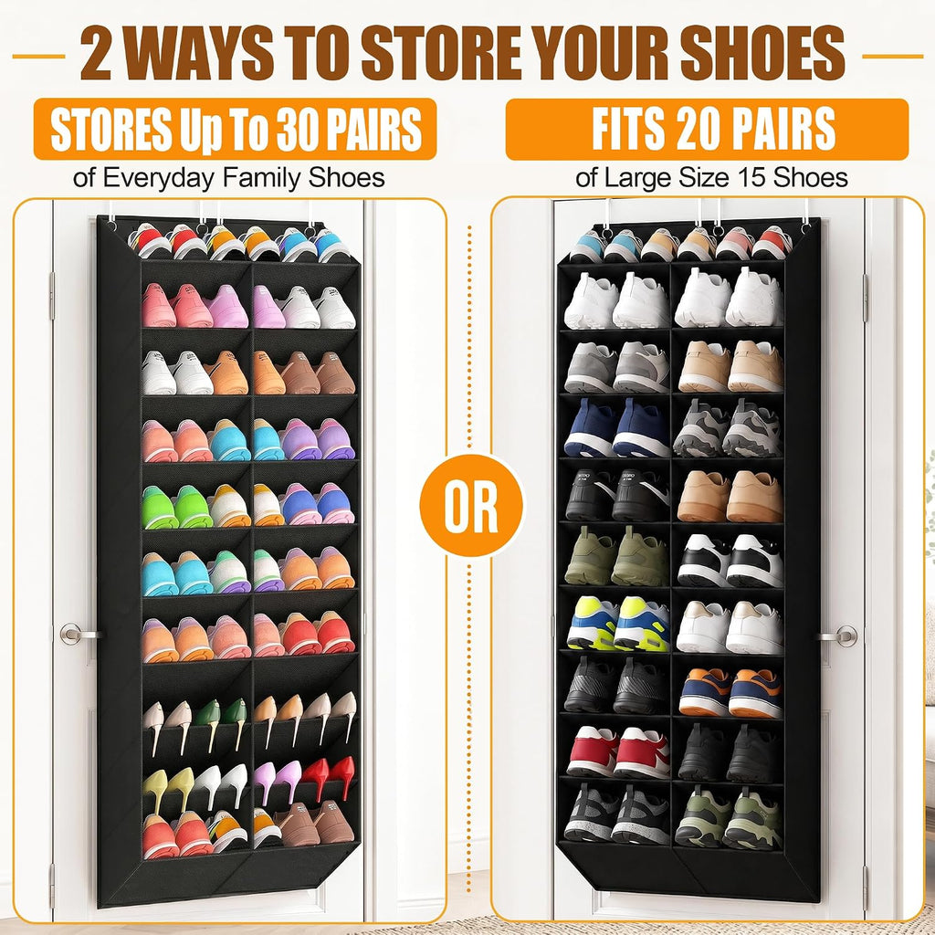 20-30 Pairs Over the Door Shoe Organizer, Breathable Pockets Hanging Shoe Storage for Closet, 10-Tier Door Shoes Rack, Handing Shoes Holder Fit All the Family's Sneakers, Boots, Heels, Black