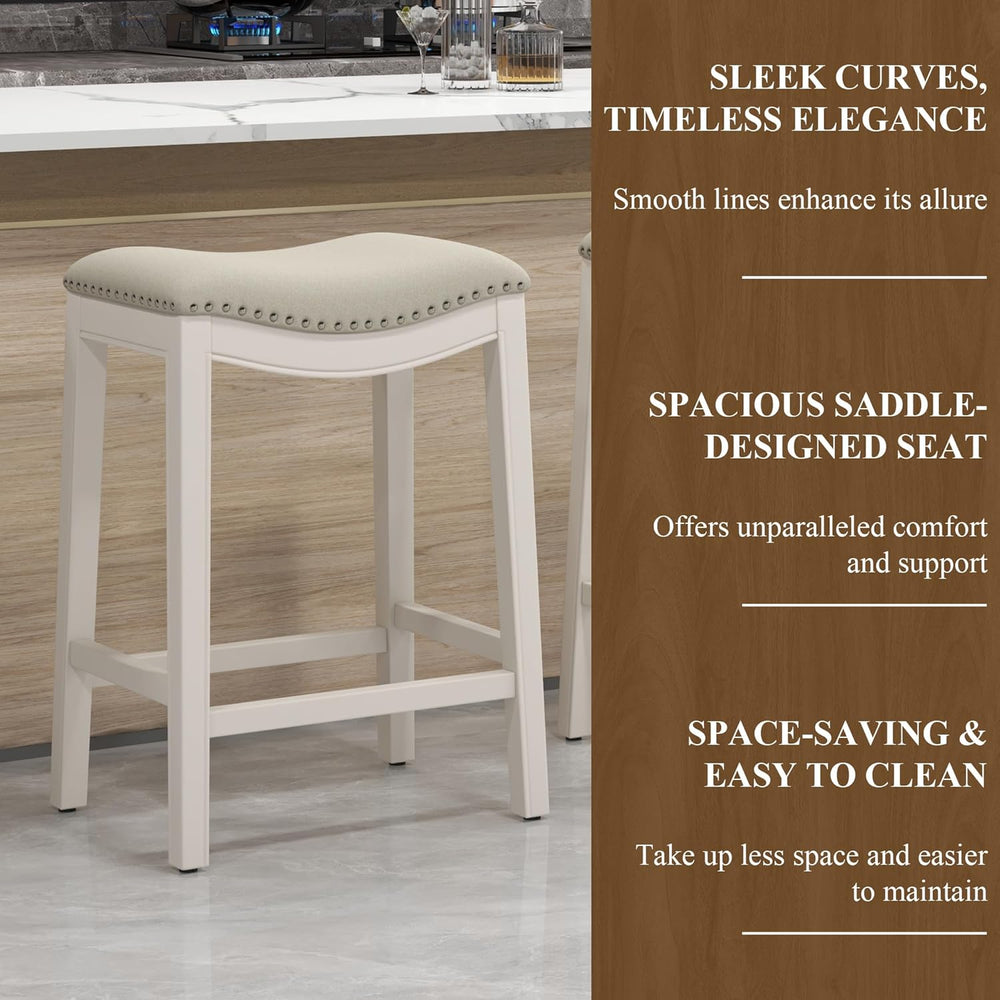 27" Backless Saddle Counter Stools Set of 3, Hand-brushed Wood Finish Legs