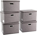 PRANDOM Large Collapsible Storage Containers with Lids [5-Pack] Linen Fabric Foldable Storage Bins Boxes Organizer Baskets Cube with Cover for Home Bedroom Closet Office Nursery (17.7x11.8x11.8)