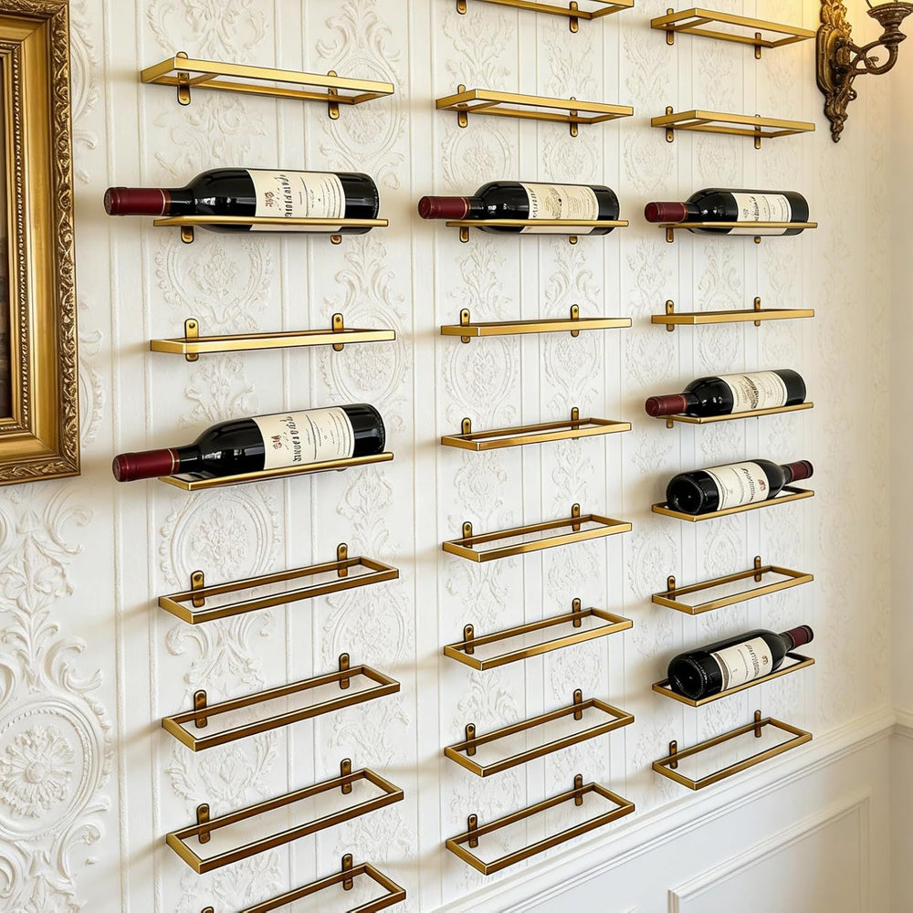 6 Pcs Wall-Mounted Wine Rack, Gold Metal Wine Bottle Holder Display for Kitch...