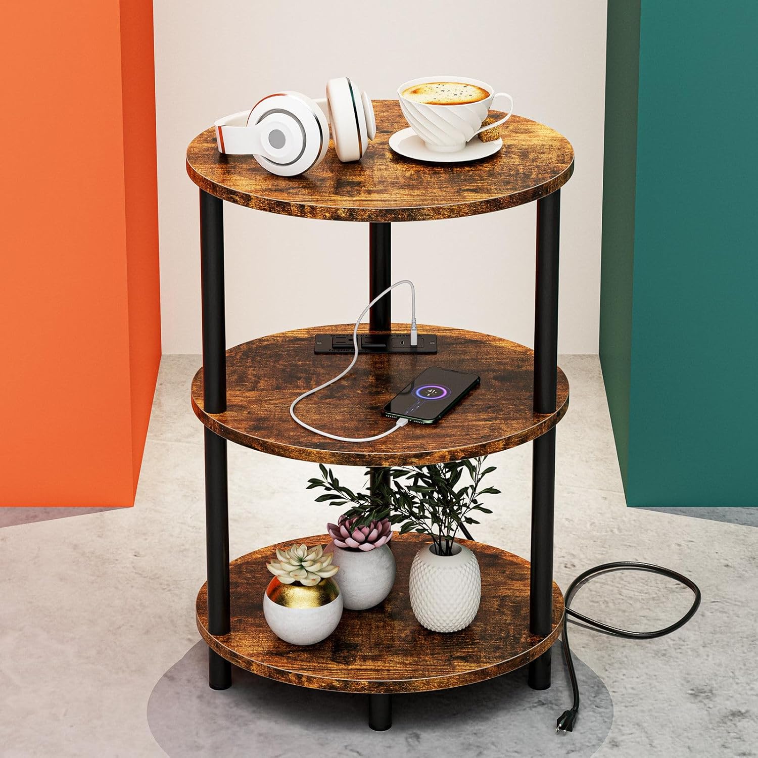 Small Round Side Table - 3-Tier Oval Accent Table for Small Spaces, Rustic Wood and Metal Nightstand for Living Room or Bedroom, with Built-in USB Ports and Power Outlet, Rustic Brown