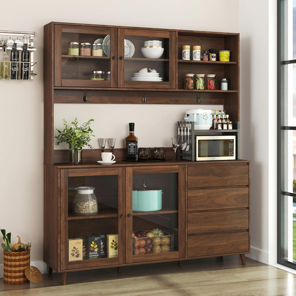 63" Large Kitchen Hutch Cabinet with 4 Doors, 4 Drawers and Microwave Sh...