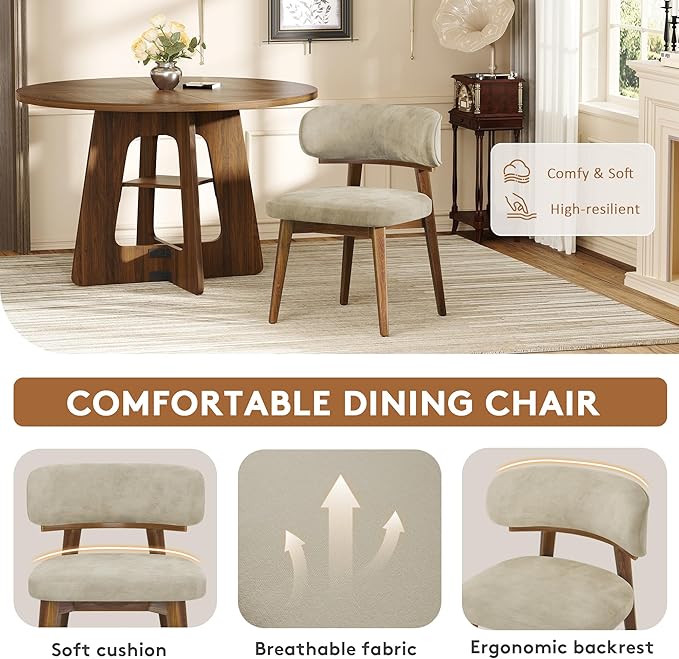 Dining Chairs Set of 2, Modern Upholstered Dining Chairs, Wooden Kitchen Chairs for Dining Room with Ergonomic Curved Backrest
