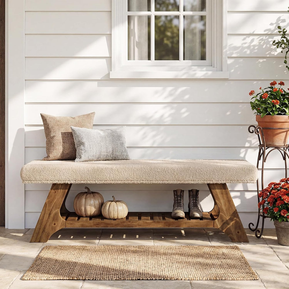 Tribesigns 55" Solid Wood Bench with Cushion and Shoe Storage, 2-Tier Up...