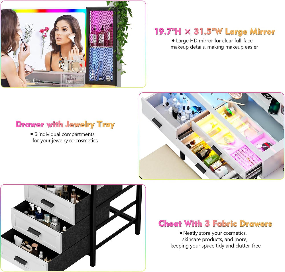 Lvifur RGB Vanity Desk - with Mirror and Lights,7 Dynamic & 24 Static Dim...