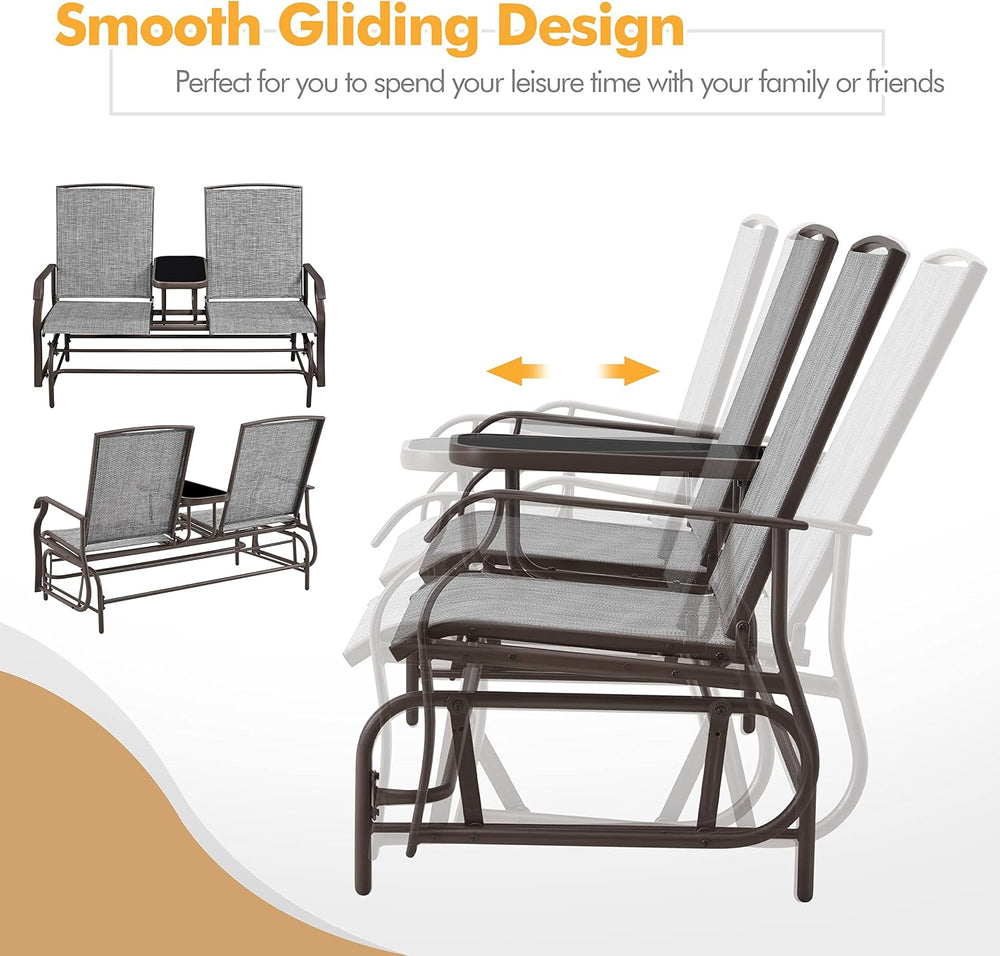 Yaheetech Outdoor Glider Bench Patio Loveseat with Table, Gray | Steel frame,...