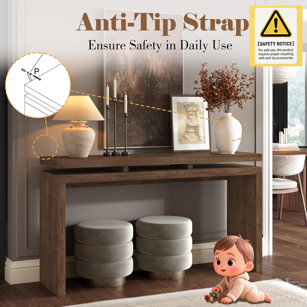 60" Antique Natural Farmhouse Console Table with Double Board Suspension...
