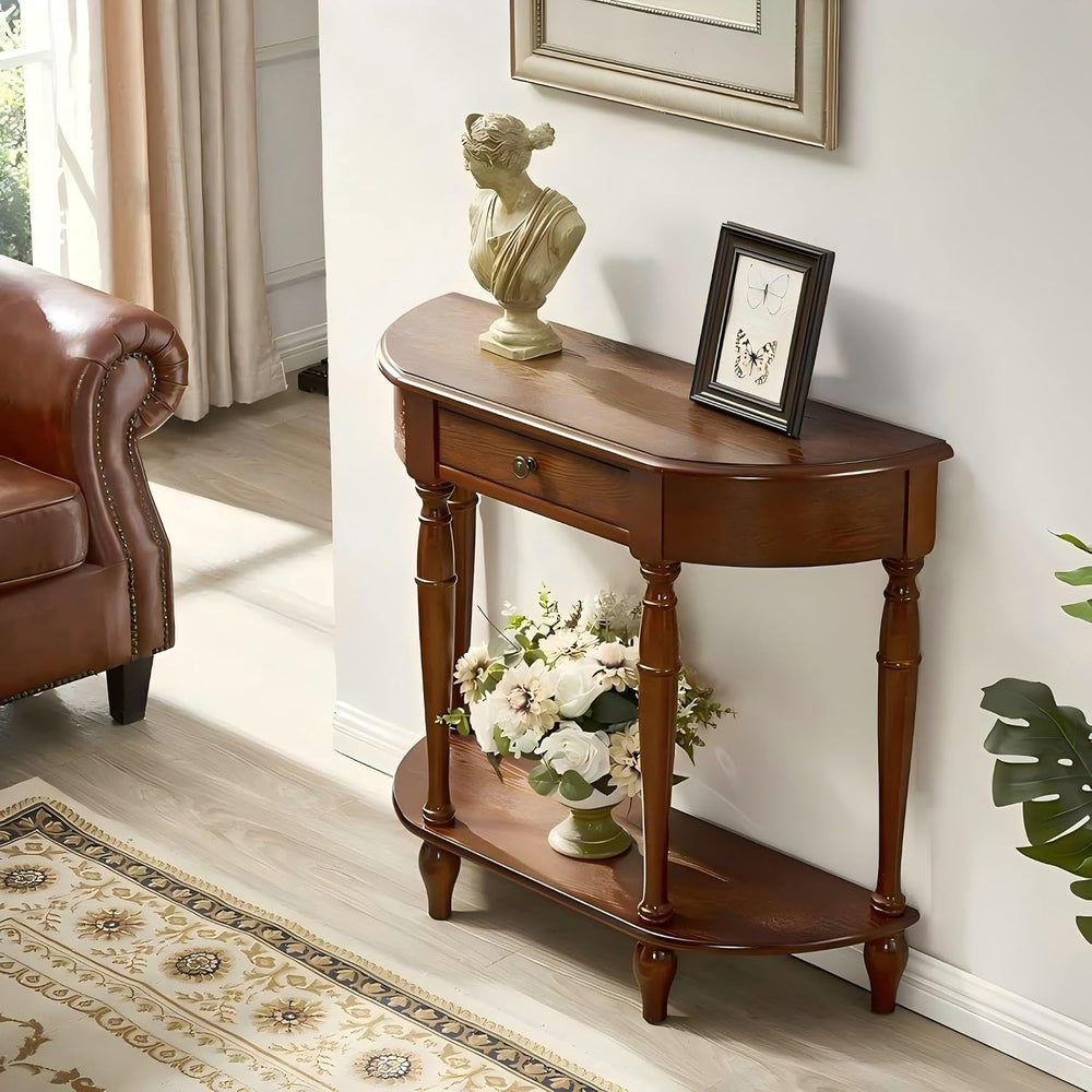 Solid Wood Console Table with Drawer, Half-Moon Porch Table Side Elegant Vint...