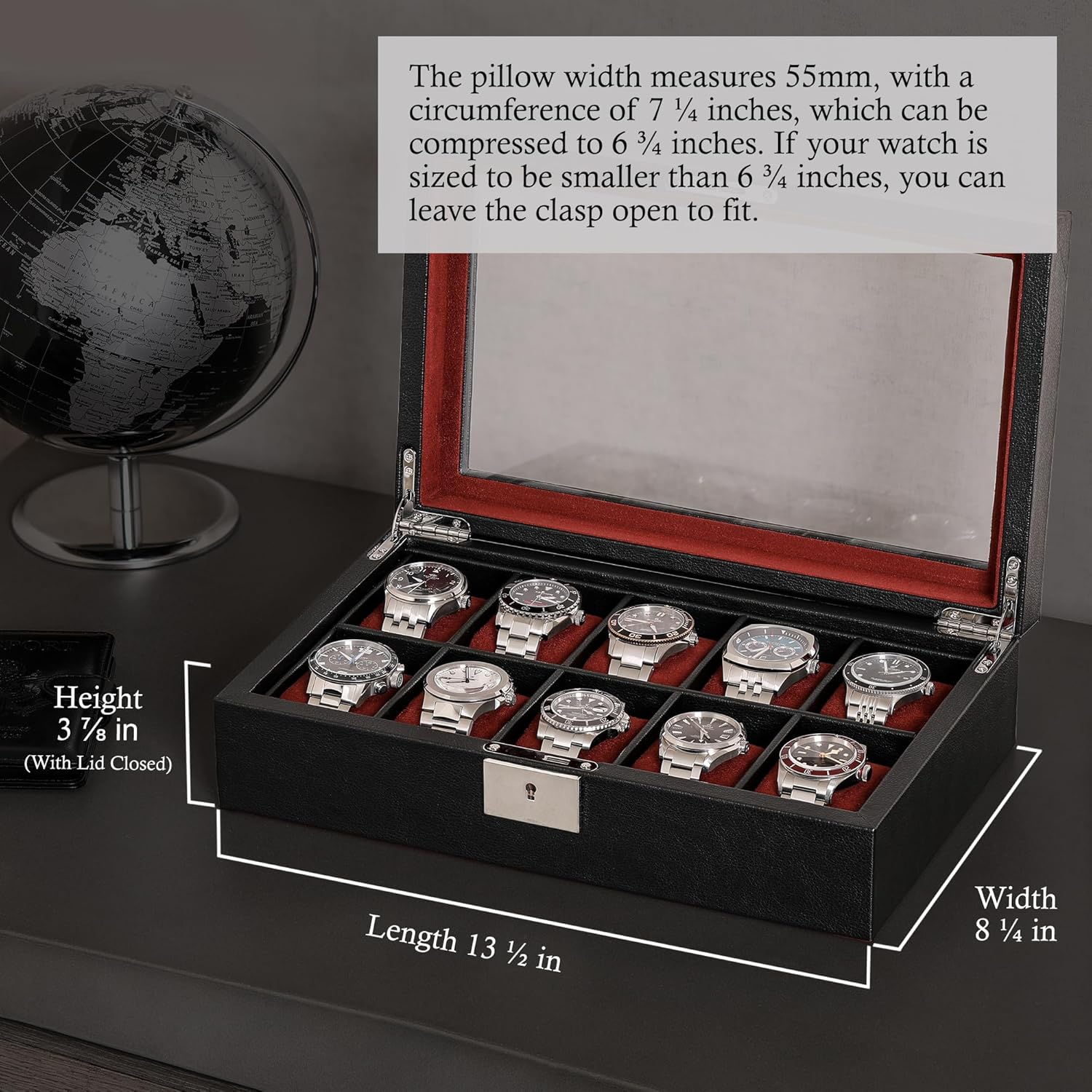 ROTHWELL 10 Slot Leather Watch Box - Luxury Case Display Jewelry Organizer - Locking Watch Display Case Holder with Large Glass Top - Box Organizer for Men and Women (Black/Red)