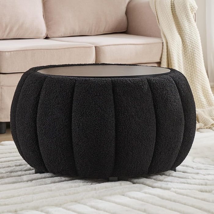 YDcosyfy 30 Inches Round Ottoman Coffee Table with Storage, Upholstered Ottoman in Boucle Teddy Fabric, Wooden Top with Tray, Soft Pumpkin Shape Design,for Living Room, Bedroom, Lounge, Black