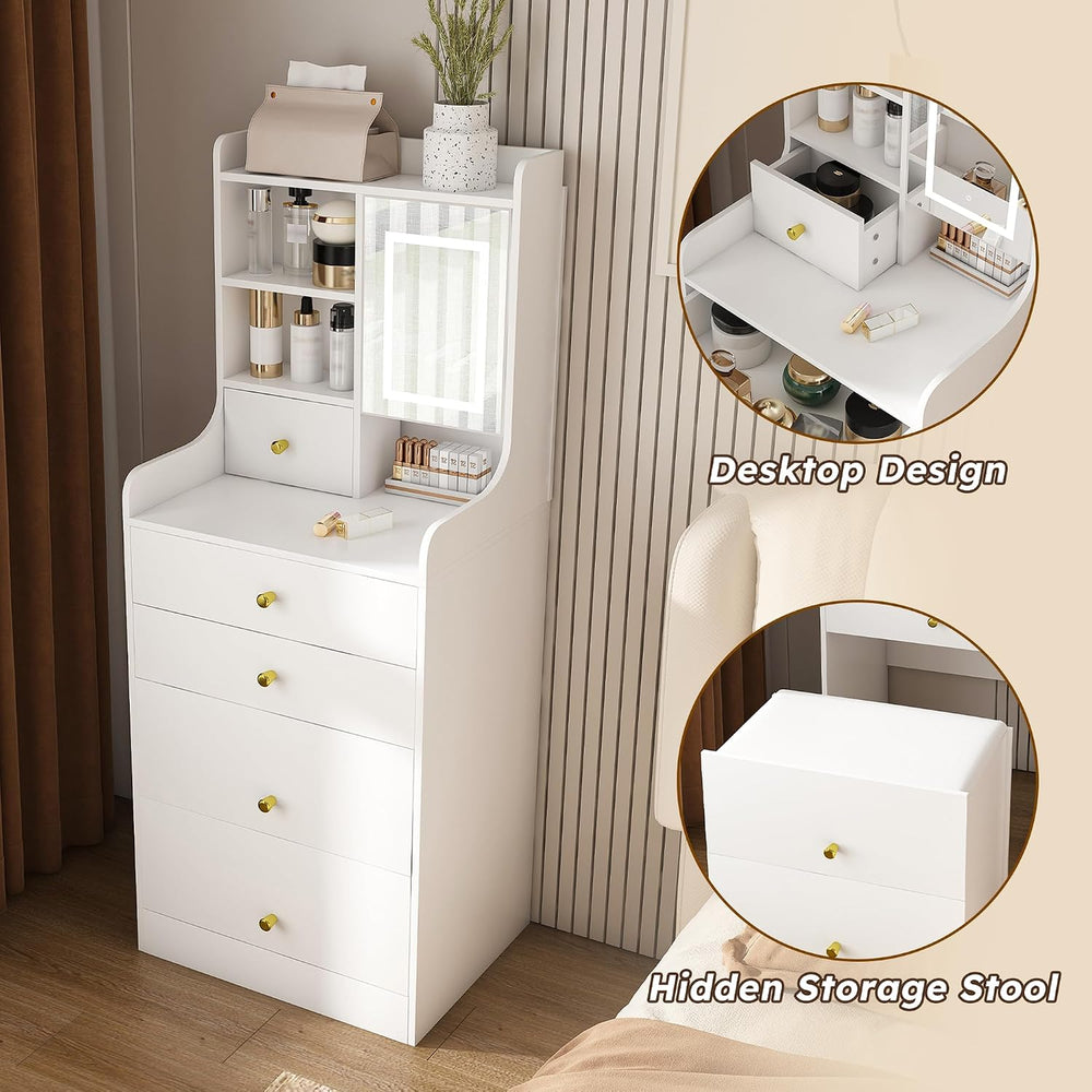 Runboll Compact Dressing Table with Storage Stool & Adjustable Lighted Mi...