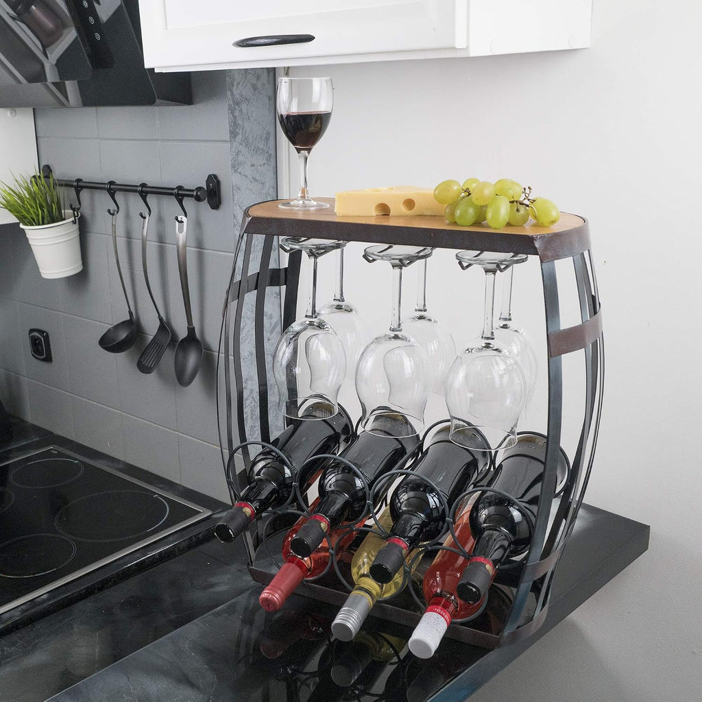 Made Easy Kit Wine Bottle and Glass Holder Rack, Metal and Wood Freestanding Preassembled Countertop Shelf Storage Stand, Home Decor for Counter Table Top Wine Bar Cabinet