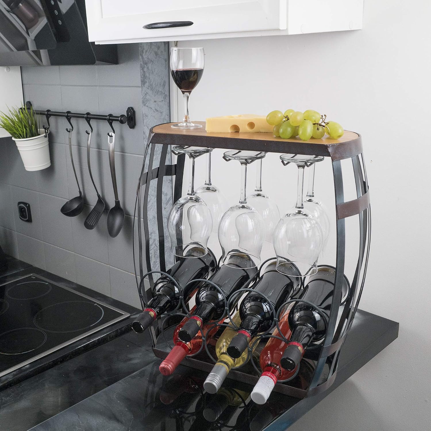 Made Easy Kit Wine Bottle and Glass Holder Rack, Metal and Wood Freestanding Preassembled Countertop Shelf Storage Stand, Home Decor for Counter Table Top Wine Bar Cabinet