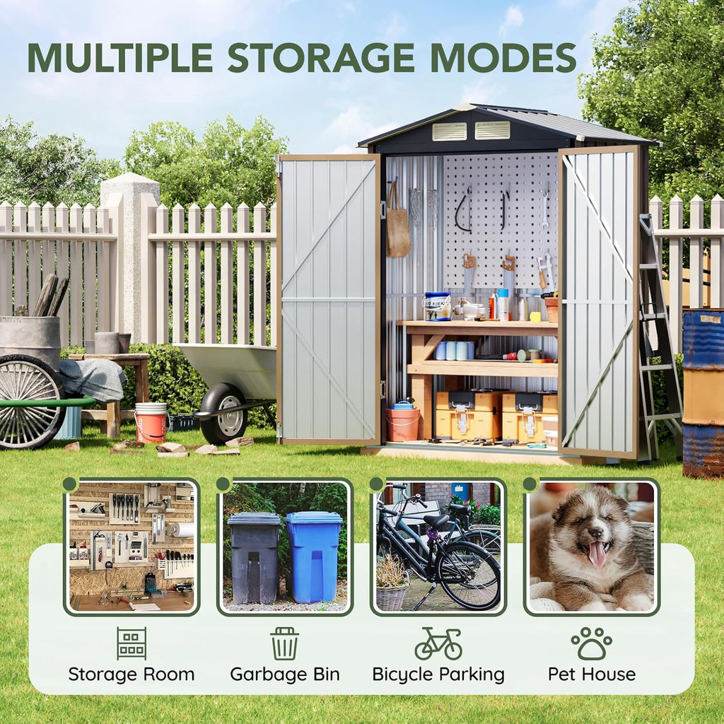 5x3 FT Outdoor Metal Storage Shed with Floor Frame, Double Door, 1 Clear Window, Tool Shed for Garden, Patio, Backyard Brown