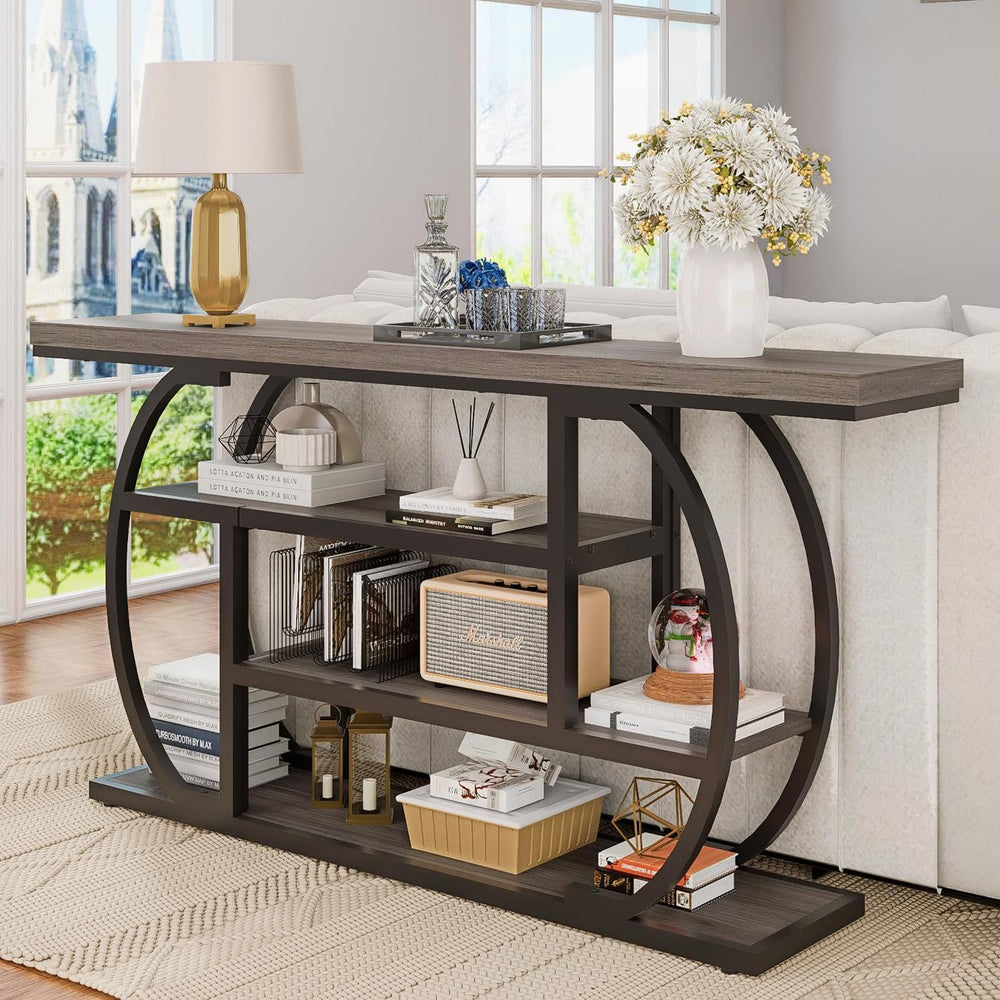 63” Industrial Console Table with 4-Tier Display Shelves, Narrow Long Sofa Ta...