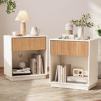 Fluted Nightstands Set of 2, Modern Bedside Table with Drawer and Storage Shelf, Wood End Table Mid Century Night Stands for Bedroom Living Room Sofa Couch Office (White+Oak)